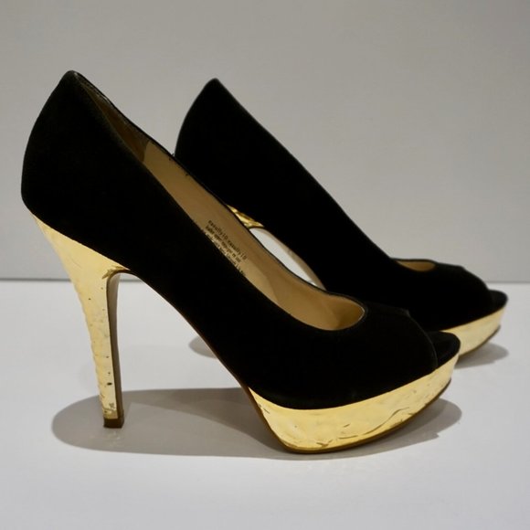 Enzo Angiolini Peep Toe Platform Pumps - Black Suede & Gold - Size 7.5 - Picture 1 of 8